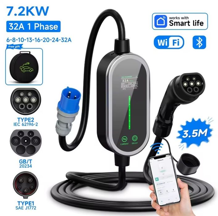 Зарядний пристрій 7.2kW 32A Type 1/Type2/GBT Wi-Fi Bluetooth Smart Life EV Charger для електромобілів США кабель 3.5м/5m IP66