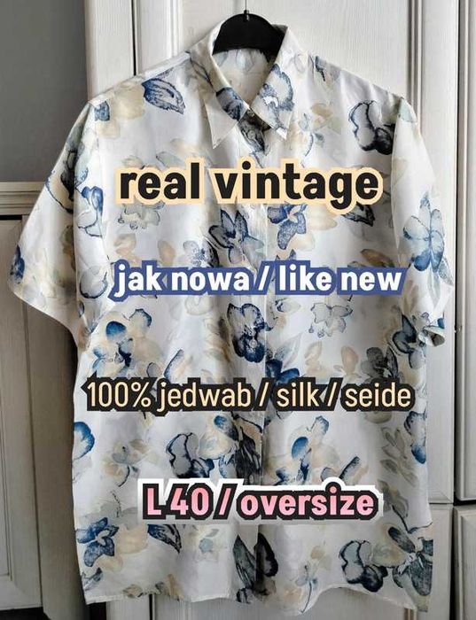 XL L M oversize jedwabna koszula vintage kwiaty cottage 100% jedwab  jakość
