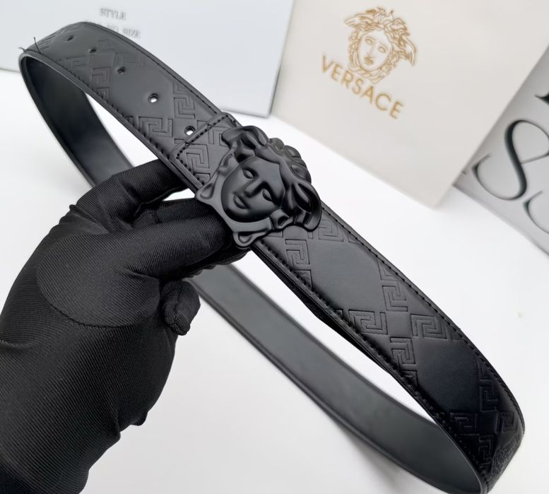 Ремінь Versace чоловічий чорний шкіряний 105 110 см чорний, ремінь версачи