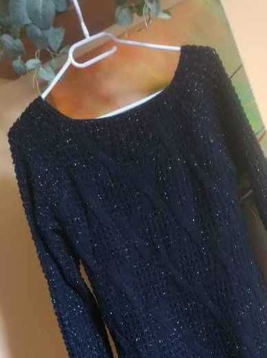 sweter ażur czarny z wełną 38/40 złota nitka/dłuższy włoski M/L