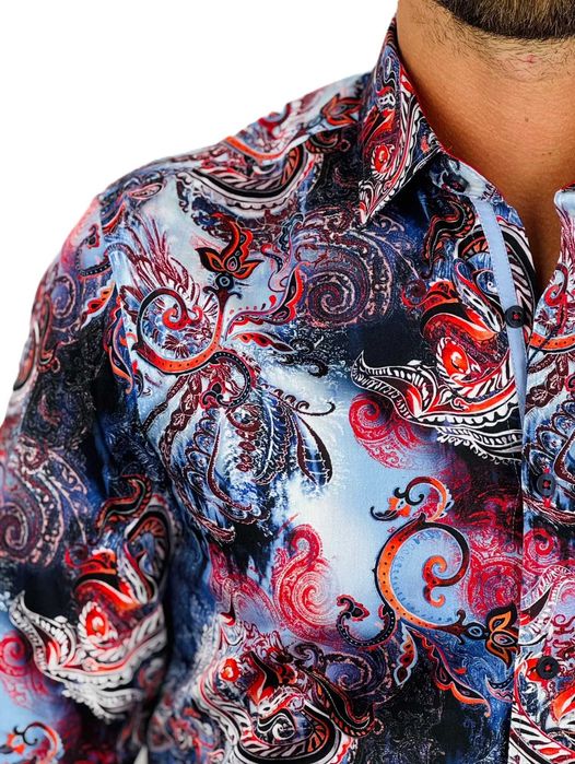 DANIEL BESSI Koszula męska fb103 kwiaty jeans czerwony niebieski