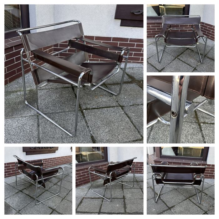 Wassily chair Marcel Breuer fotel produkcja Gavina. Skóra brąz