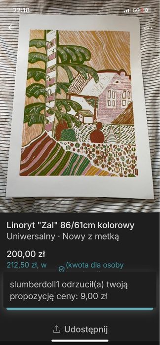 Linoryt "Żal" 86x61 kolorowy