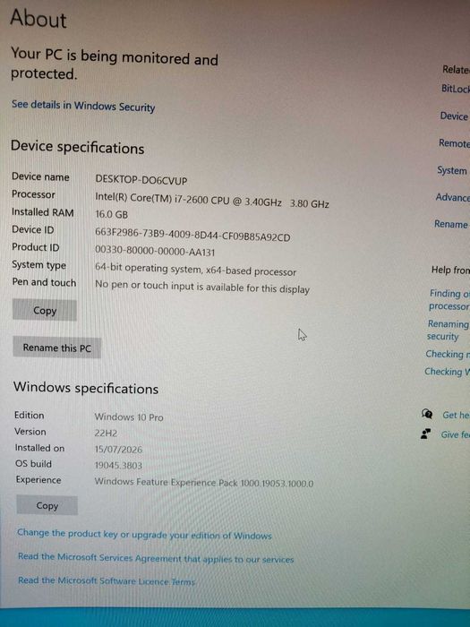 Intel i7 2600 CPU, 16GB RAM, 500GB SSD, 700W PS, RX580 8GB, 24" LG Monitor 75hz, LG Blue Ray Disc, WIN 10 Pro, Desksktop PC, Monitor and cables