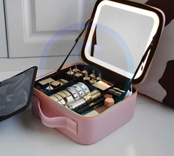 Косметичка чемоданчик с LED зеркалом органайзер кожаная чёрная розовая