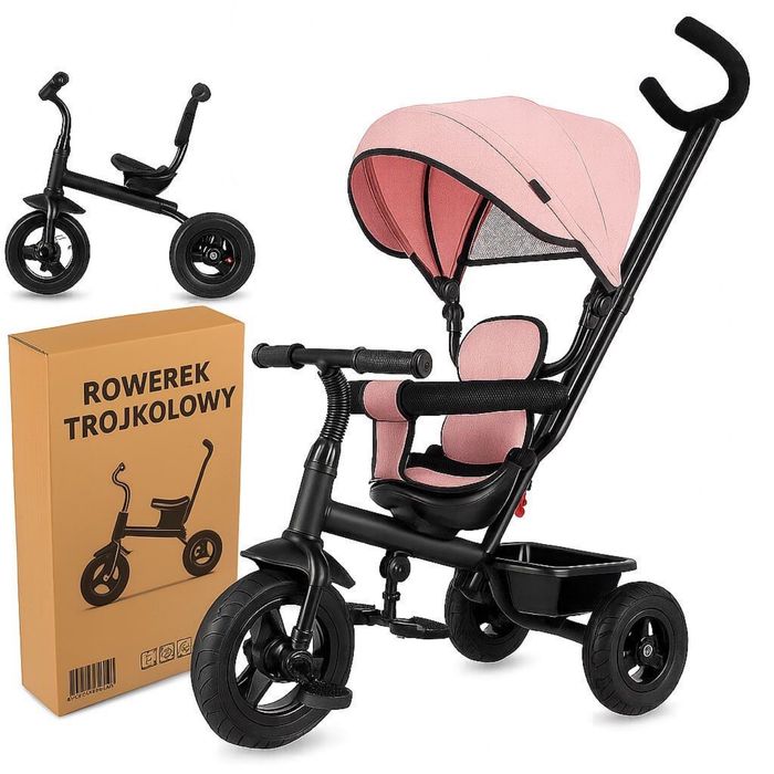 Trojkowy rowerek dla dziecka z daszkiem i rączką do prowadzenia - NOWY