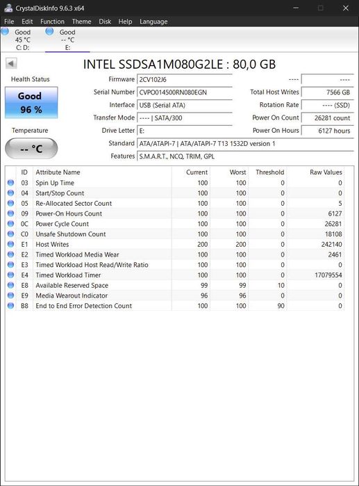SSD 80Gb 1.8 MLC SATA Intel X18-M SSDSA1M080G2LE 96% здоров'я