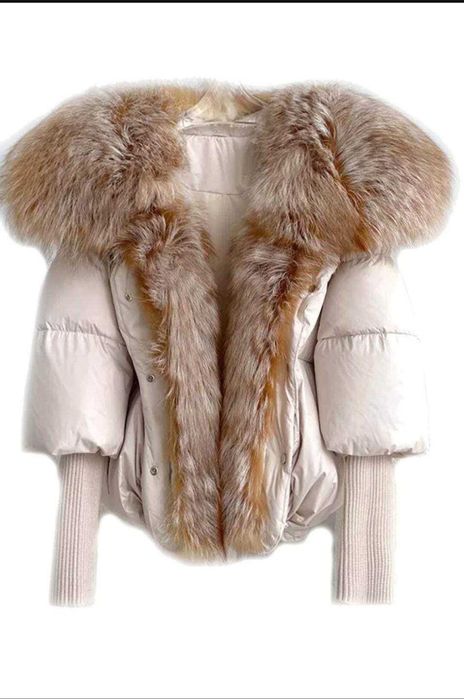 Kurtka Puchowa Ecru Lis Naturalny Futerko Najtaniej !