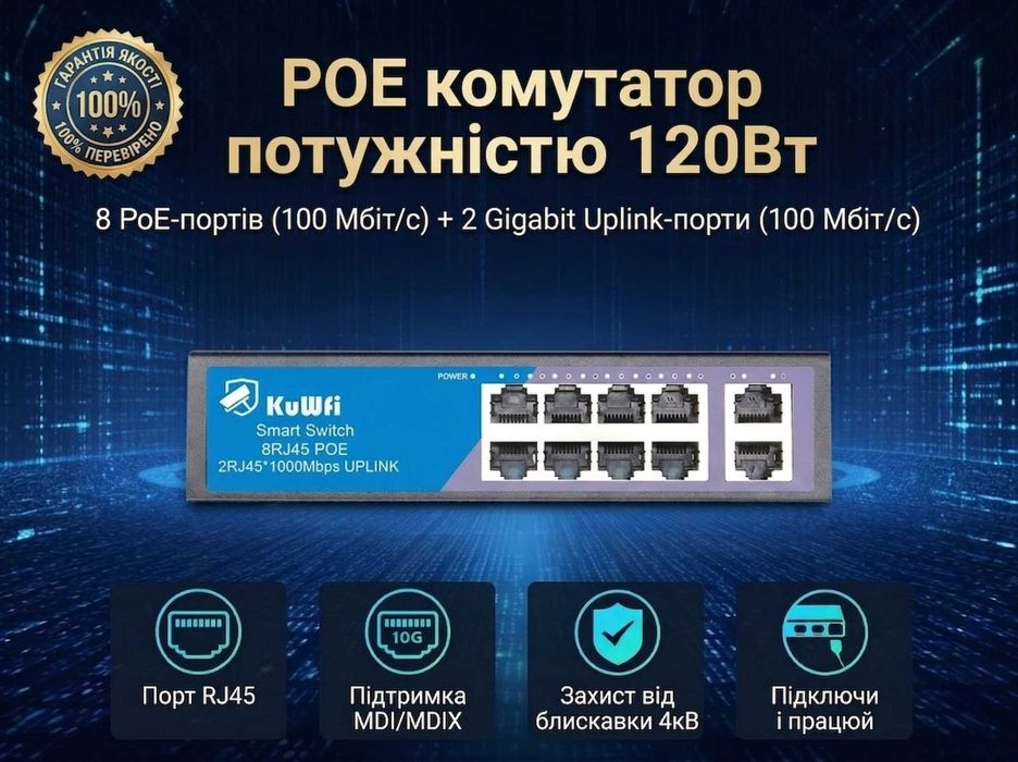 PoE комутатор (світч) 4 / 8 портів для IP камер відеоспостереження Switch