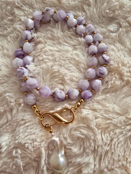 Naszyjnik kamienie Tiffany stone fasetowane perła naturalna omega nieskończoność zapięcie
