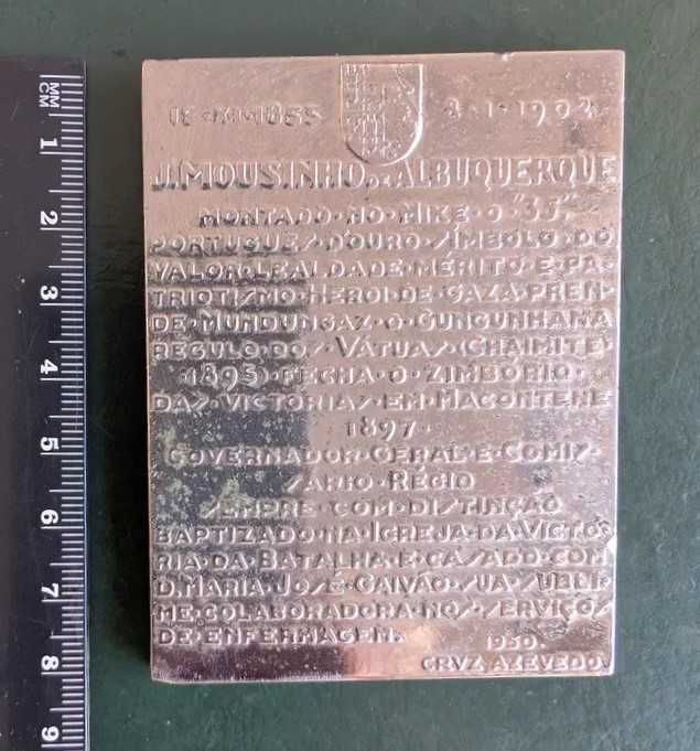 Mouzinho de Albuquerque (1950) - Numismática, Placa Militar Rara