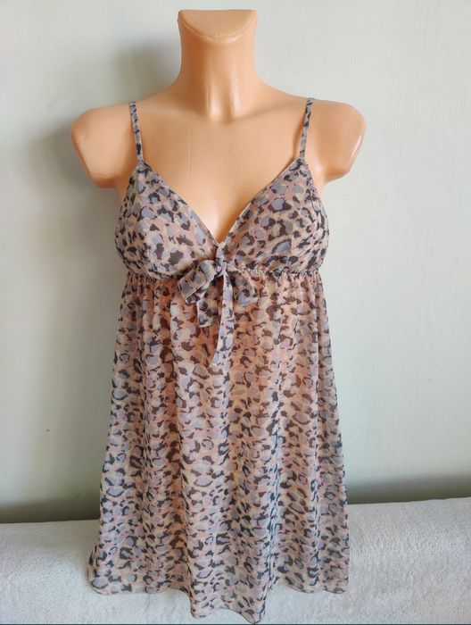 Koszula koszulka nocna H&M 38 M damska typu babydoll w zwierzęcy wzór panterki z wiązaniem  na kokardę przy dekolcie