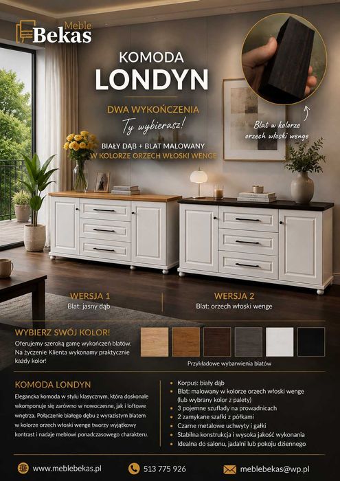 Czarna Komoda RTV Londyn 160`(2D-1s) Blat Dąb Jasny BEKAS Meble Producent