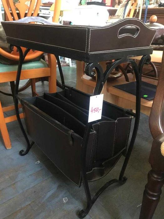 Stolik gazetownik z tacą, stalowy+skóra