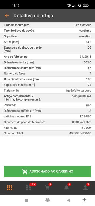 Disco de travão BOSCH frente Novo