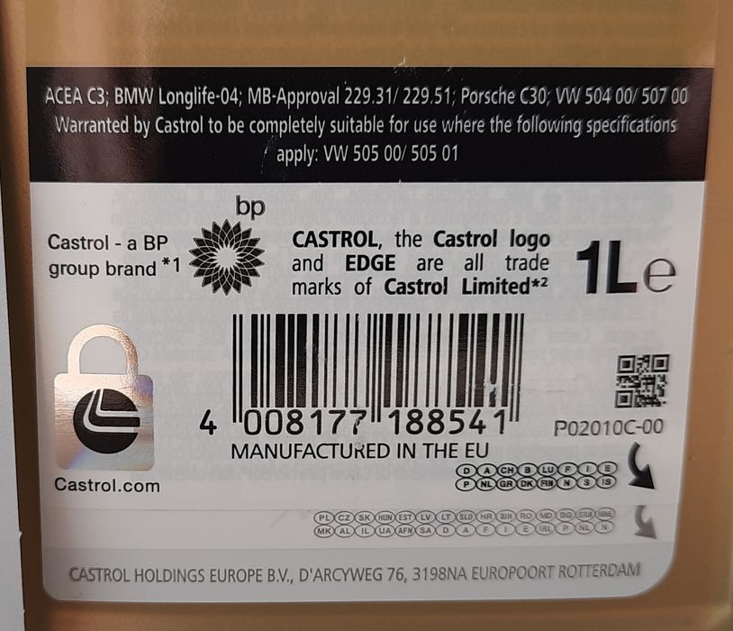 Olej Castrol EDGE 5W-30 LL 6L (5L+1L) + zawieszka serwisowa Castrol PL