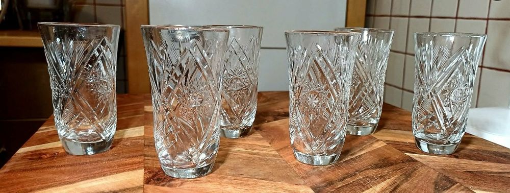 Szklanki kryształowe PRL komplet 6 sztuk retro vintage, wysokość 9,3 cm