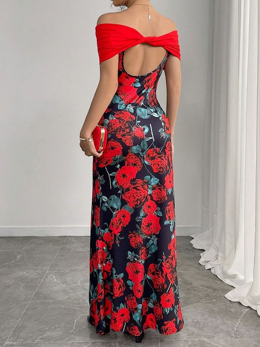 Sukienka Syrena W Róże Carmen Twist Maxi Casual Shein M 38