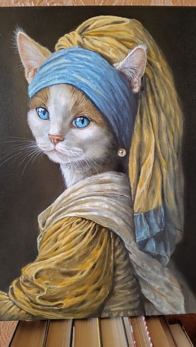 Картина маслом. Кошка с жемчужной сережкой