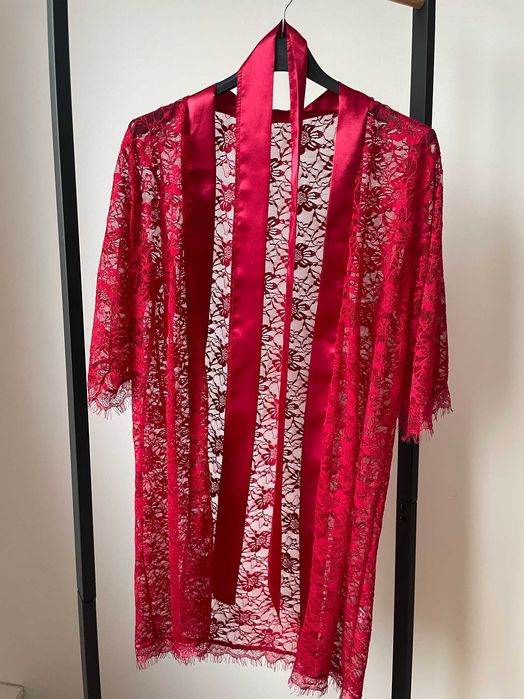 Koronkowa narzutka szlafrok bielizna nocna burgundowa M