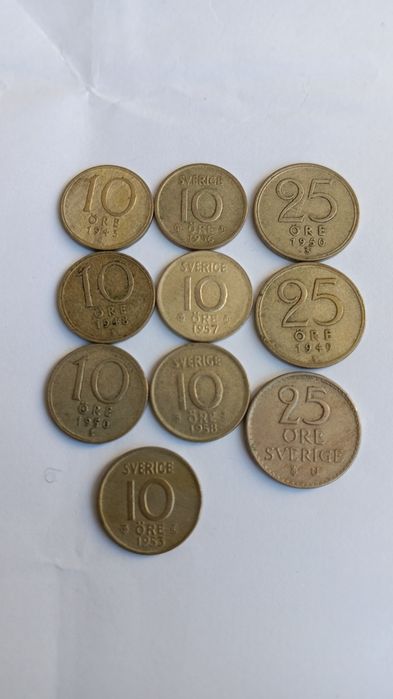 10 moedas da Suécia, em prata.