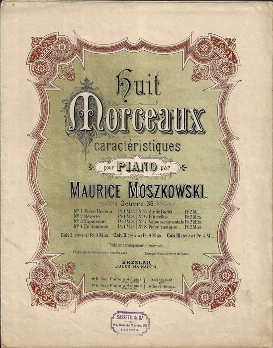 PIANO: Partitura Antiga de "Étincelles", de Moszkowski. Ed. Heinauer. Carimbo Sassetti