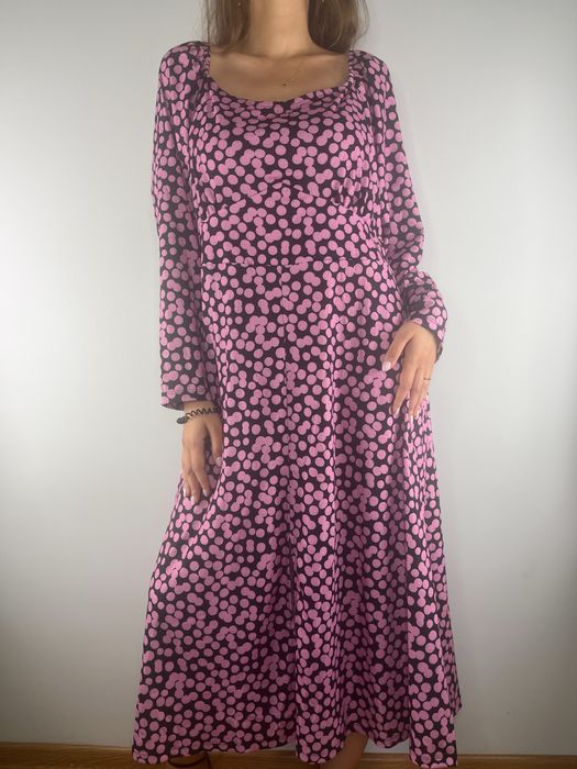 Czarna sukienka w różowe grochy midi maxi Body Flirt rozmiar 48/50