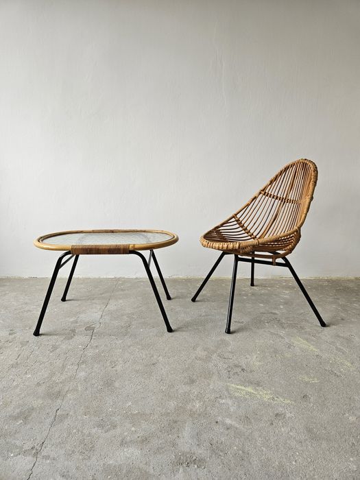 Zestaw Rohe fotel bambusowy stolik ława  zecszklanym blatem vintage mcm retro