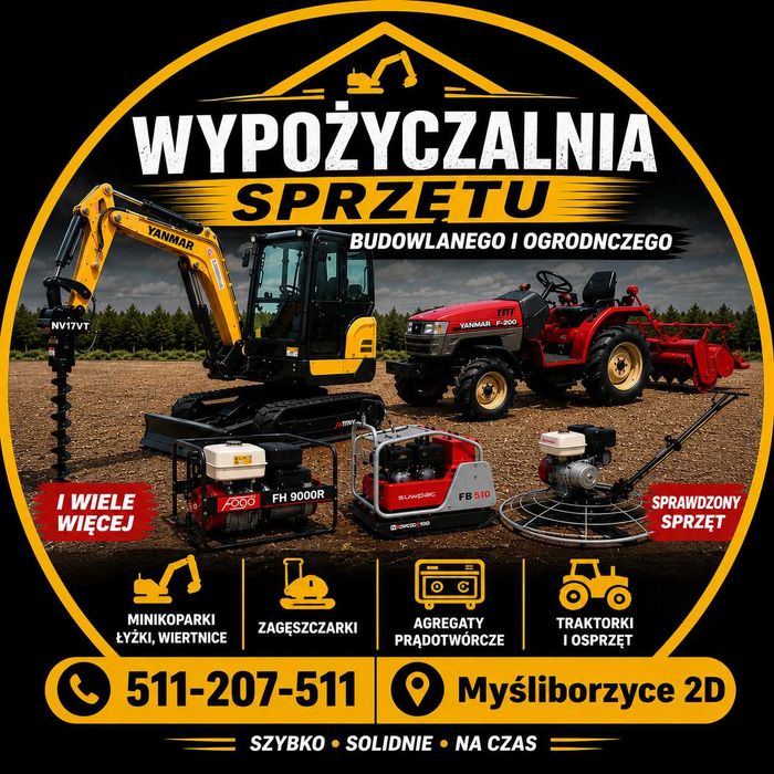 Wypożyczalnia sprzętu budowlanego i ogrodniczego - przyczepy - lawety - busy - zagęszczarki - minikoparka - traktorek orodniczy - wejdź przeczytaj.