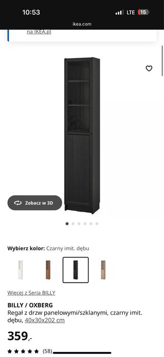 IKEA BILLY / OXBERG – 3 witryny czarne, stan idealny