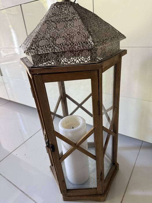 Duży orientalny lampion marokański/indyjski 73 cm drewno metal szkło