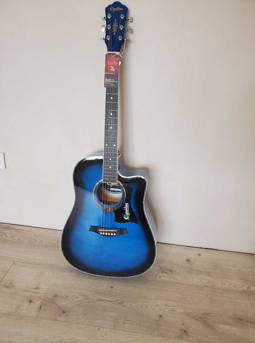синяя дредноут акустическая гитара гриф ровный с регулировкой