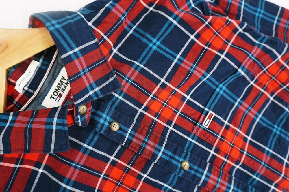 O84 bawełna koszula męska Tommy Hilfiger slim krata czerwona M