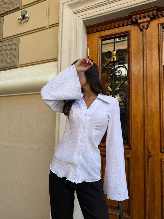 жіноча блуза святкова стильна сорочка приталенная рубашка трикотаж жатка