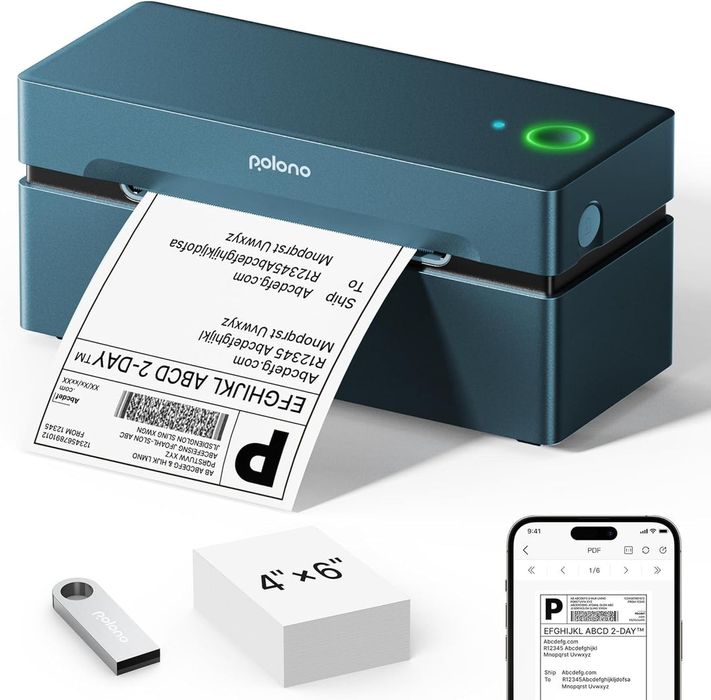 POLONO PL80e Termiczna drukarka etykiet wysyłkowych Bluetooth, niebieska 100x150