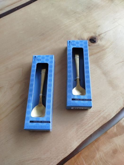 Złote łyżeczki deserowe, nowe, 12 sztuk