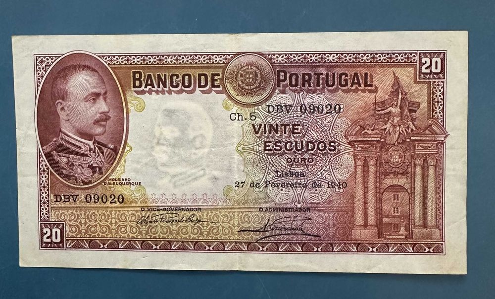 nota 20 Escudos 1940 MOUSINHO D'ALBUQUERQUE - portes grátis