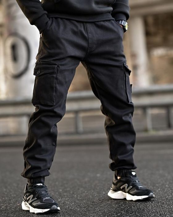 Чорні міські теплі чоловічі зимові штани джогери stone fit black