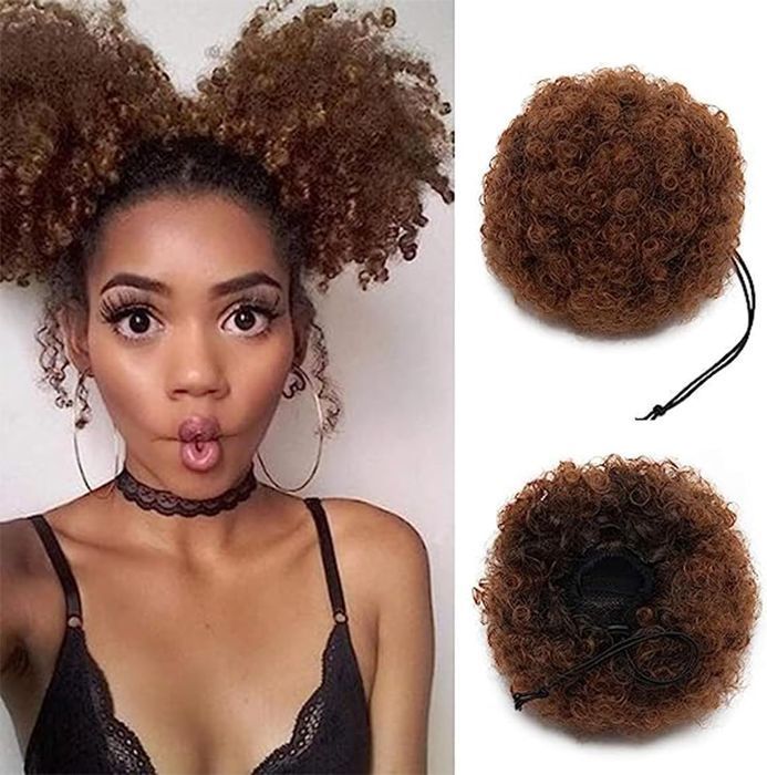 Doczepiane Włosy Afro Puff Krótkie Kręcone Ciemnobrązowe 2 Sztuki