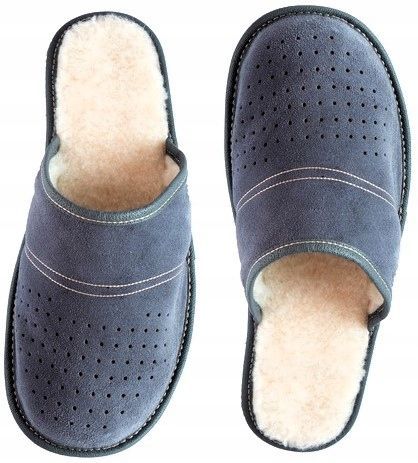 Ciepłe Pantofle Kapcie Męskie Wełniane Wygodne SKÓRA NATURALNA 40-45