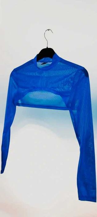Kobaltowy Top Siateczka Mesh Bolero Shrug Rękawy Przezroczysta Bluzka Rave Y2K Cyber Alt Goth Electric Blue Festiwalowa Estetyczna Imprezowa Crop Top