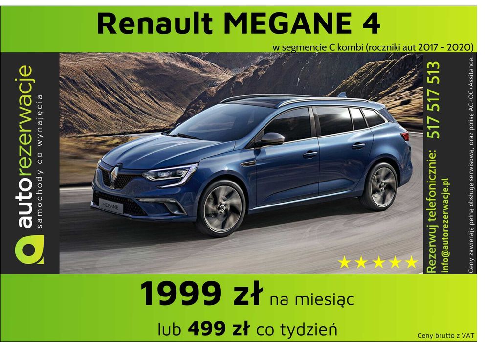 Wynajem wypożyczenie samochodów/aut za 1299 za 30 dni lub 335 co 7 dni