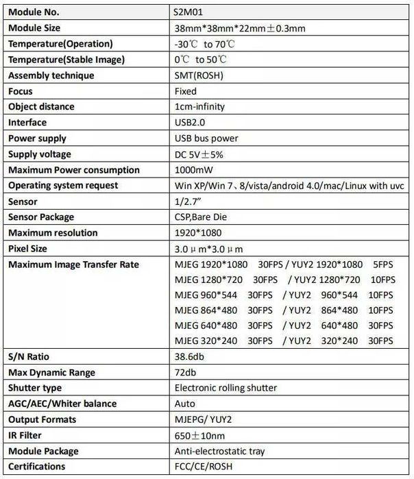 Moduł kamery 1080P 30FPS USB 2MP OV2735