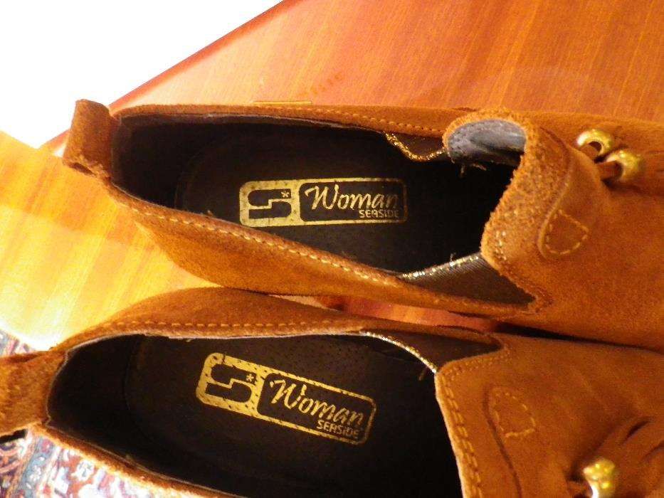 Sapatos Camel Pele Tacão Compensados 38 Como Novos