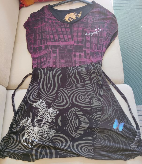 Vestido de verão, manga curta, preto e roxo, Desigual, S