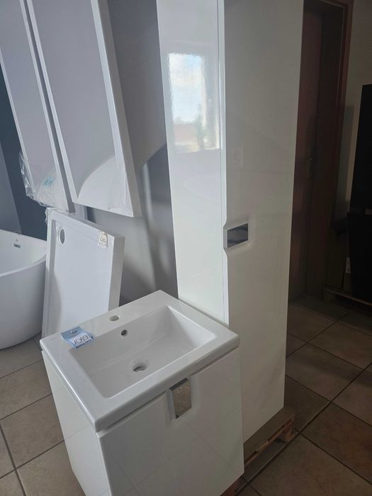 Nowe meble łazienkowe KOŁO Twins | Zestaw Biały Połysk (Słupek + Szafka + Umywalka 50 cm)
