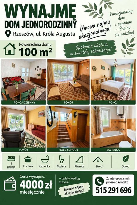 Do wynajęcia dom 100m2 w Rzeszowie ul. Króla Augusta