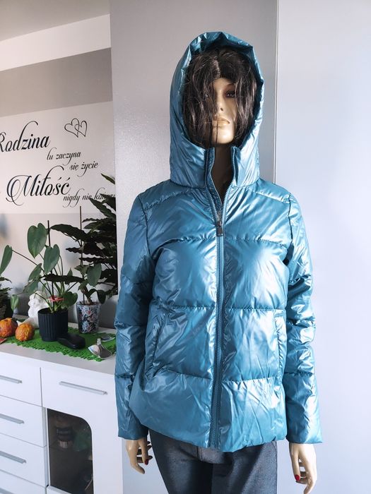 Ciepła kurtka damska z kapturem pikowana turkusowa nowa 36