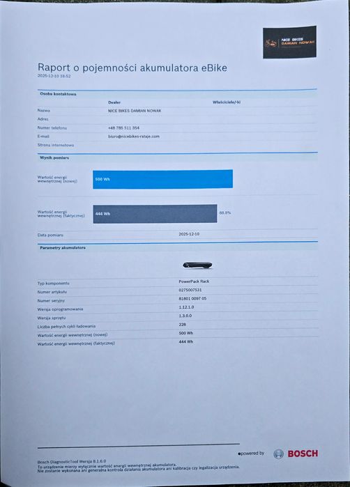 Bateria Akumulator BOSCH POWERPACK 500Wh na bagażnik 228 cykli 89% spr