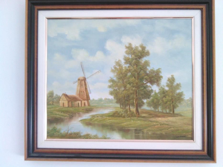 Oil Painting (Canvas), Landscape with River and Windmill*
